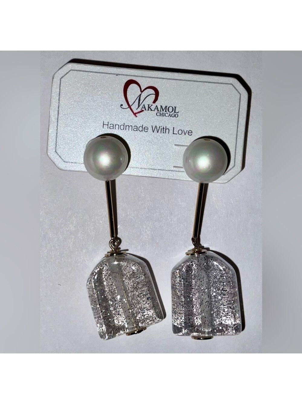 Nakamol Handmade Earrings - pearly post with gold bar attached to sparkly cube